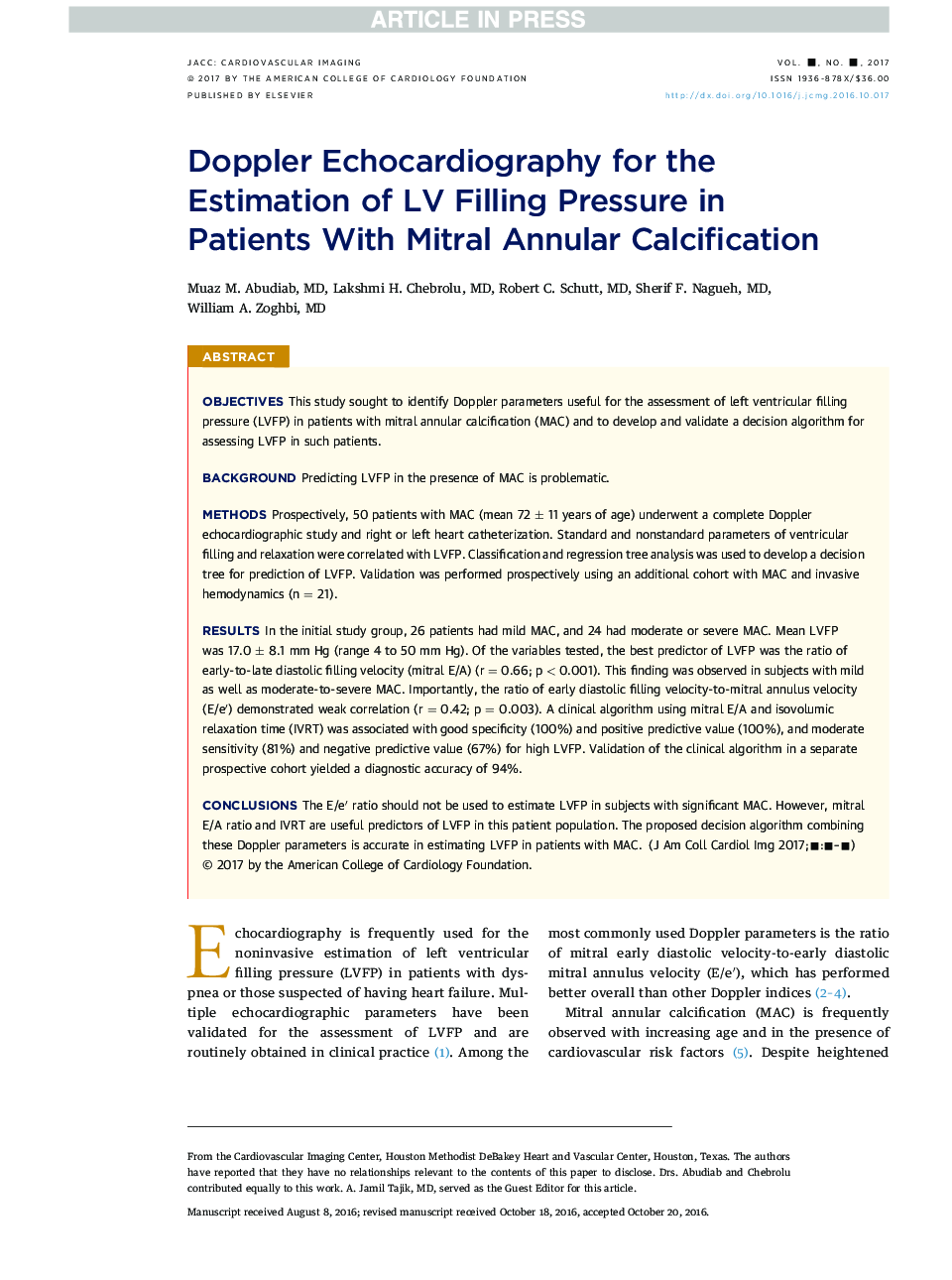 Doppler Echocardiography for the EstimationÂ ofÂ LV Filling Pressure in Patients WithÂ MitralÂ AnnularÂ Calcification