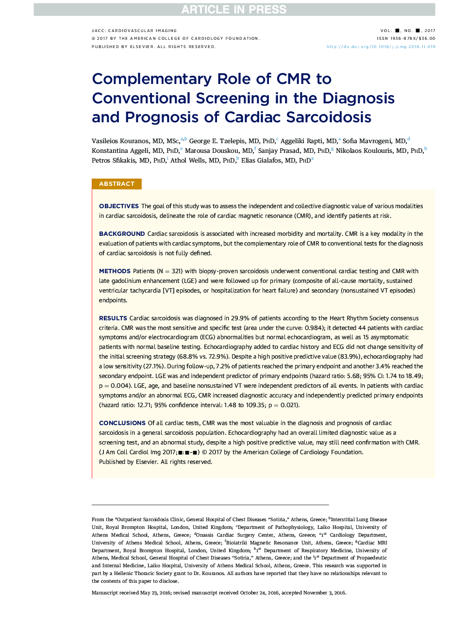 Complementary Role of CMR to Conventional Screening in the Diagnosis and Prognosis of Cardiac Sarcoidosis