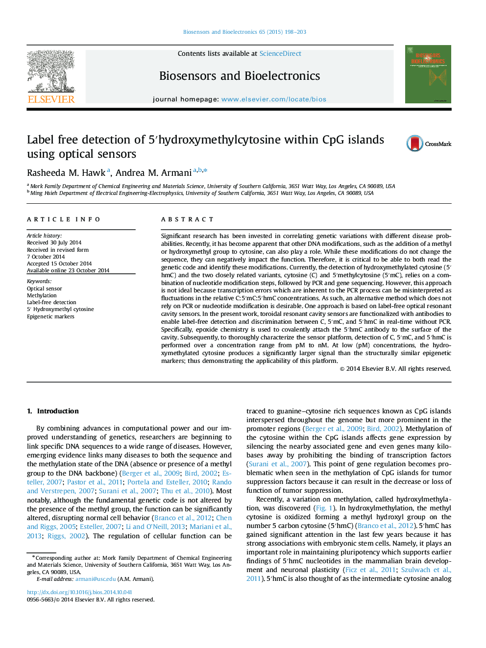 Label free detection of 5′hydroxymethylcytosine within CpG islands using optical sensors