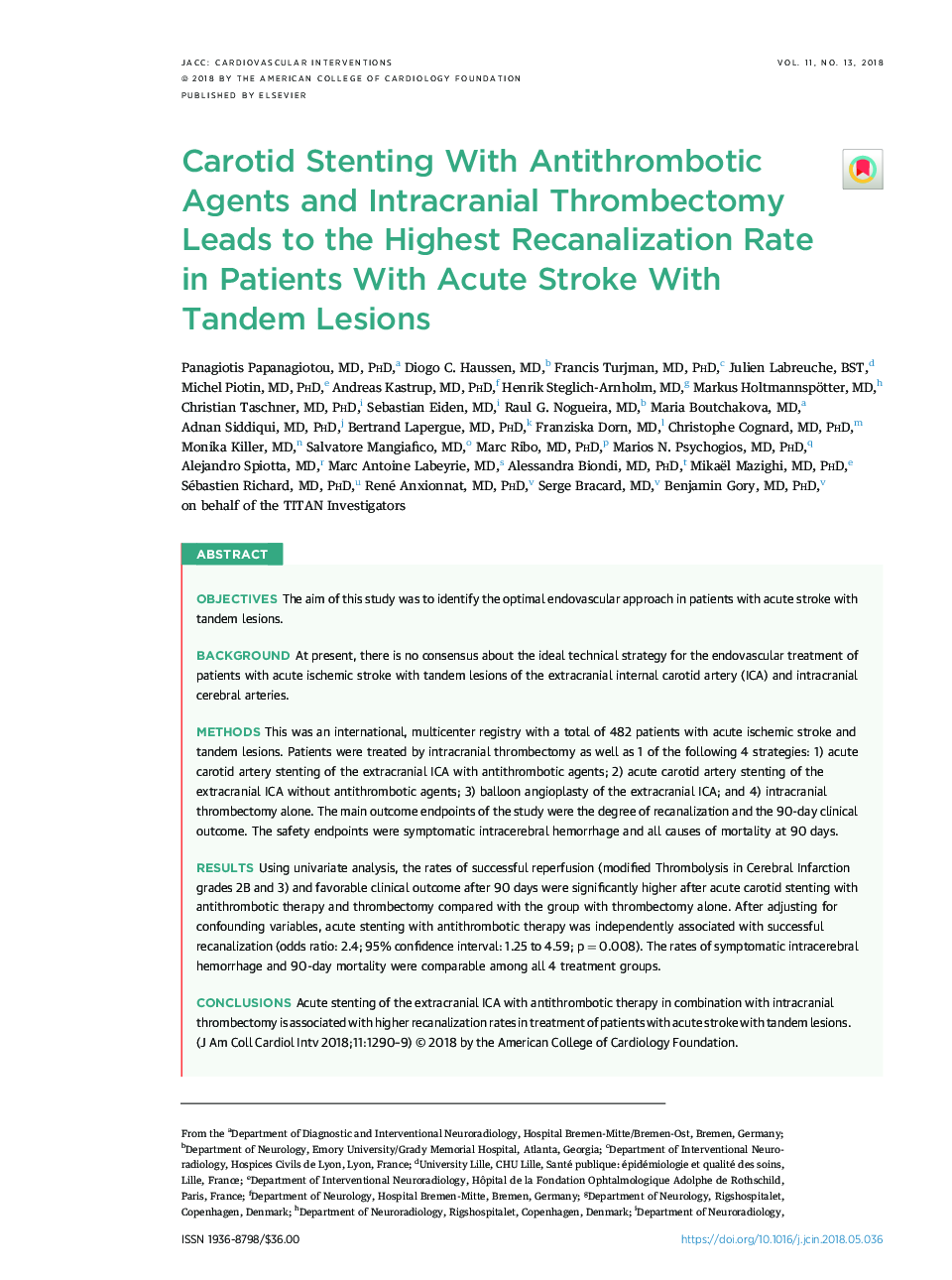 استنتن کاروتید با عوامل ضدترومبوتیک و ترومبکتومی داخل جمجمه منجر به بالاترین نرخ بازآزمایی در بیماران مبتلا به سکته حاد با ضایعات تاندوم 