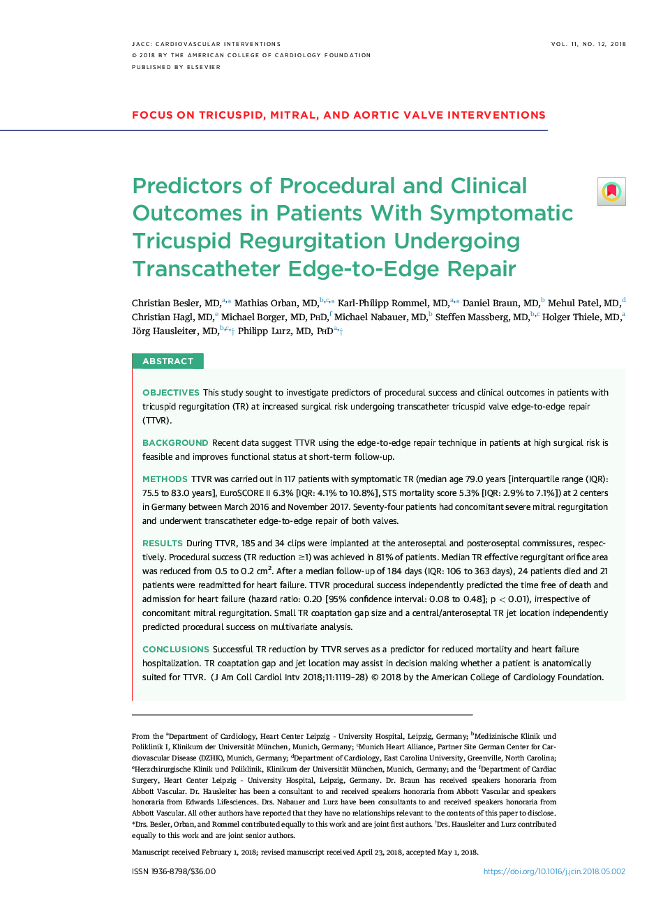 Predictors of Procedural and Clinical Outcomes in Patients With Symptomatic Tricuspid Regurgitation Undergoing Transcatheter Edge-to-Edge Repair