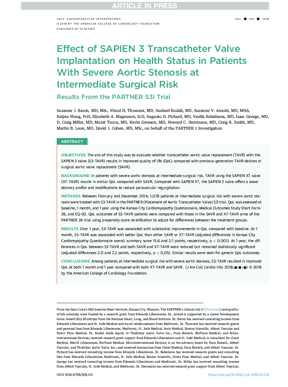 Effect of SAPIEN 3 Transcatheter Valve Implantation on Health Status in Patients With Severe Aortic Stenosis at Intermediate Surgical Risk