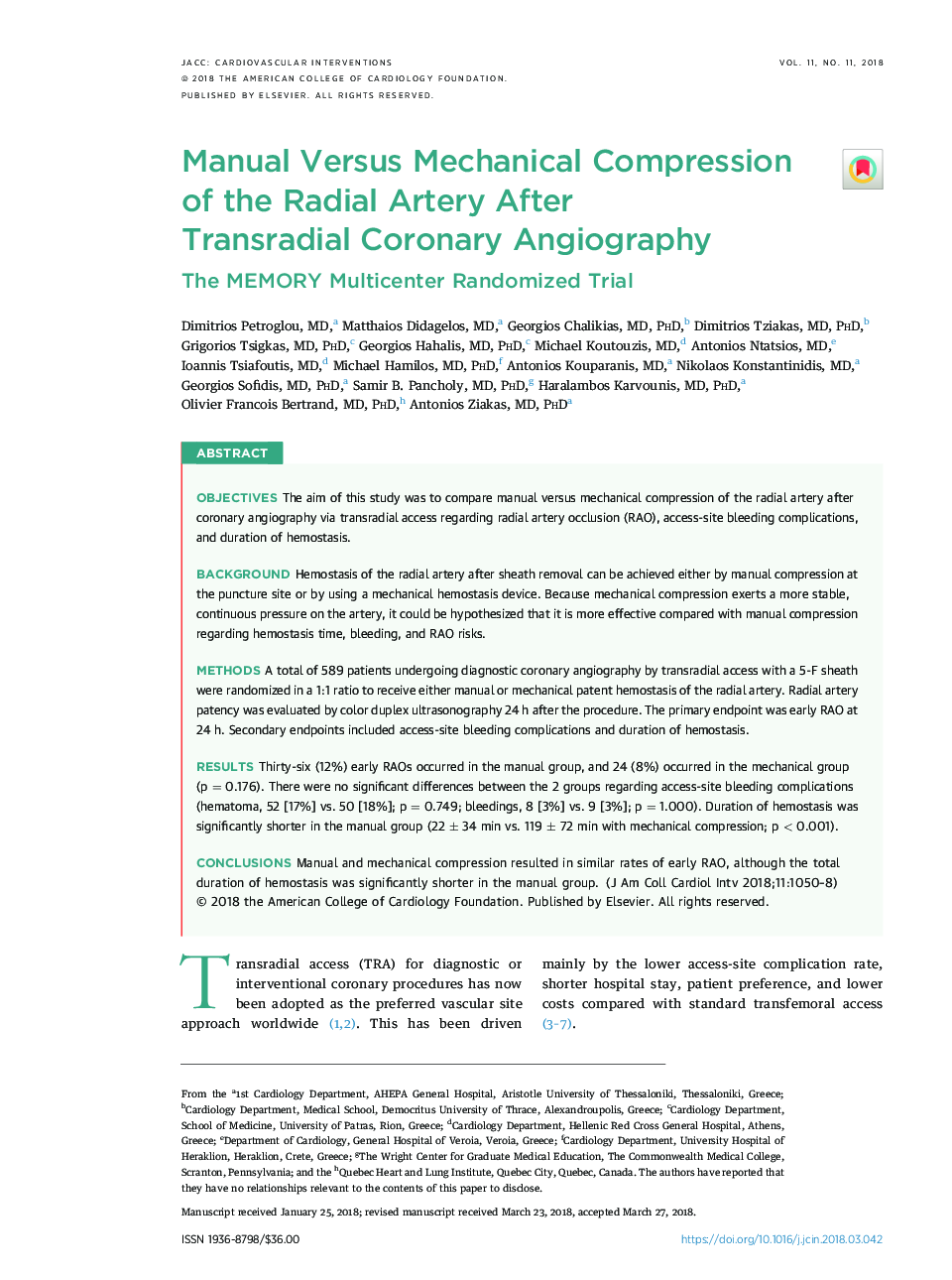 Manual Versus Mechanical Compression of the Radial Artery After TransradialÂ Coronary Angiography