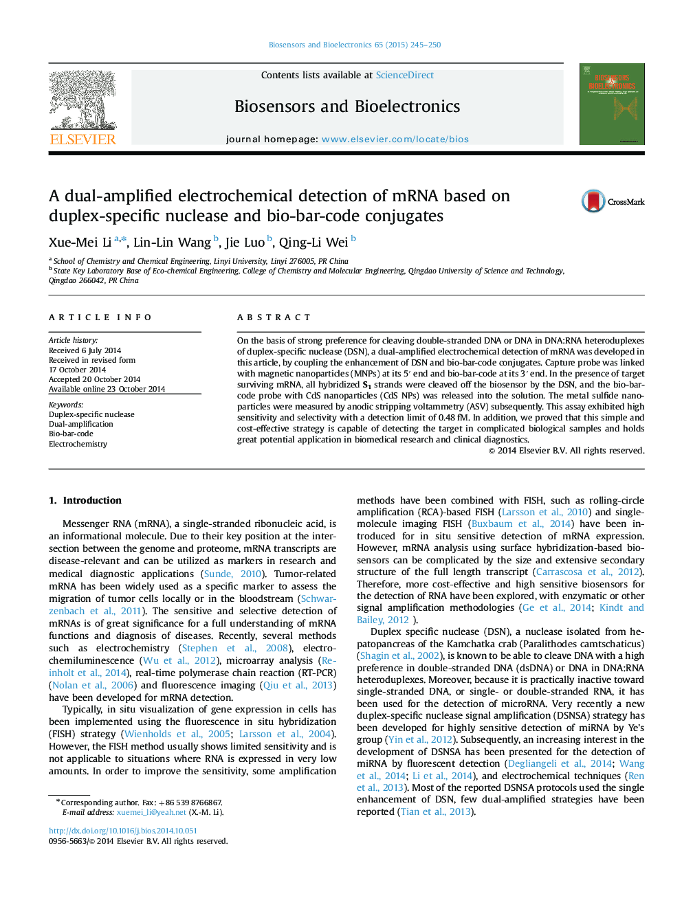 A dual-amplified electrochemical detection of mRNA based on duplex-specific nuclease and bio-bar-code conjugates