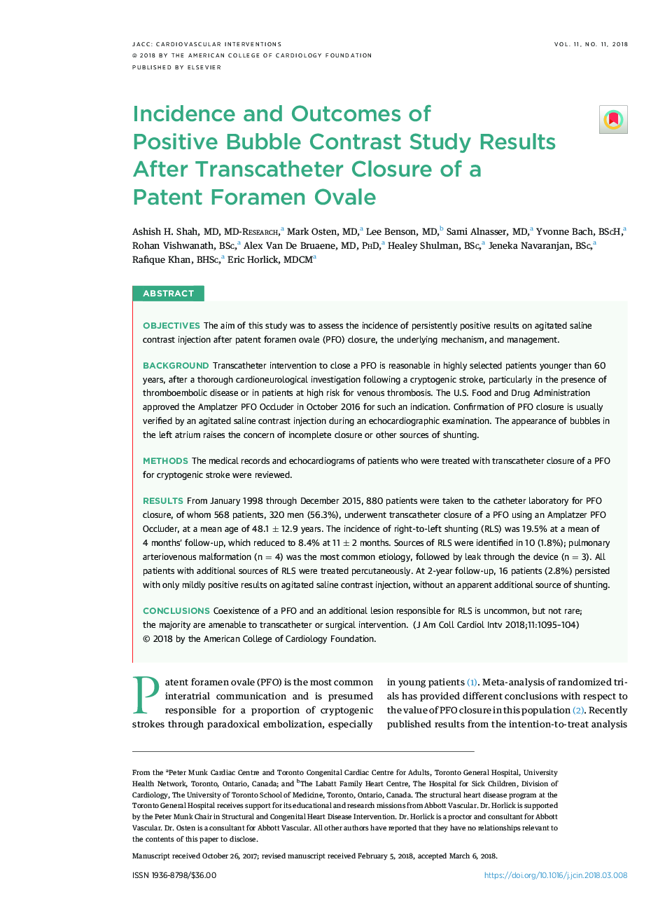Incidence and Outcomes of PositiveÂ Bubble Contrast Study Results After Transcatheter Closure of a PatentÂ Foramen Ovale