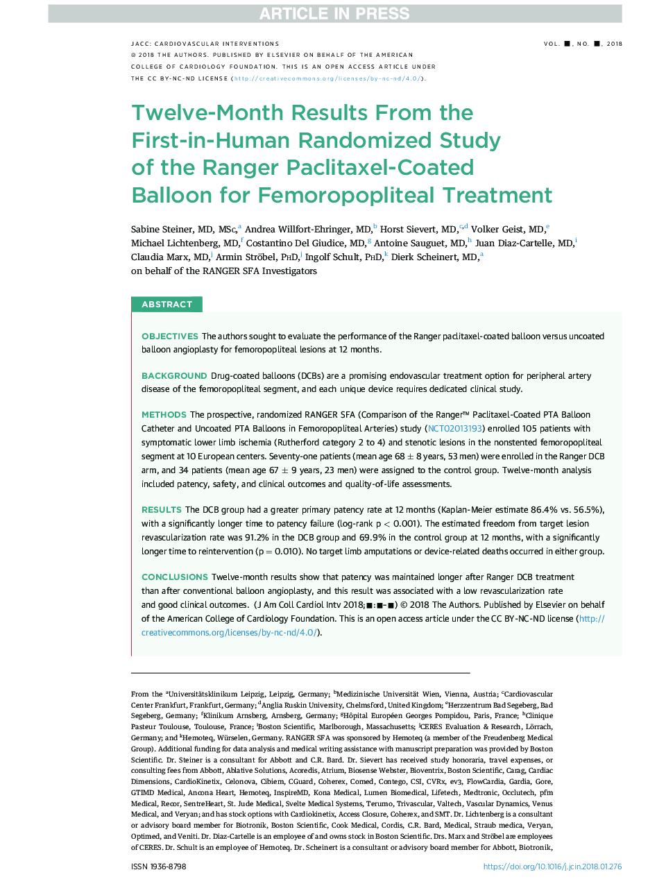 12-Month Results From the First-in-Human Randomized Study ofÂ theÂ Ranger Paclitaxel-Coated BalloonÂ for Femoropopliteal Treatment