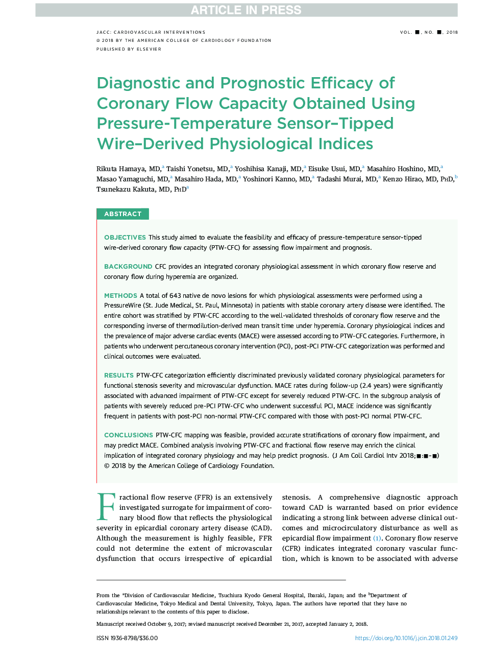 Diagnostic and Prognostic Efficacy of Coronary Flow Capacity Obtained Using Pressure-Temperature Sensor-Tipped Wire-Derived Physiological Indices