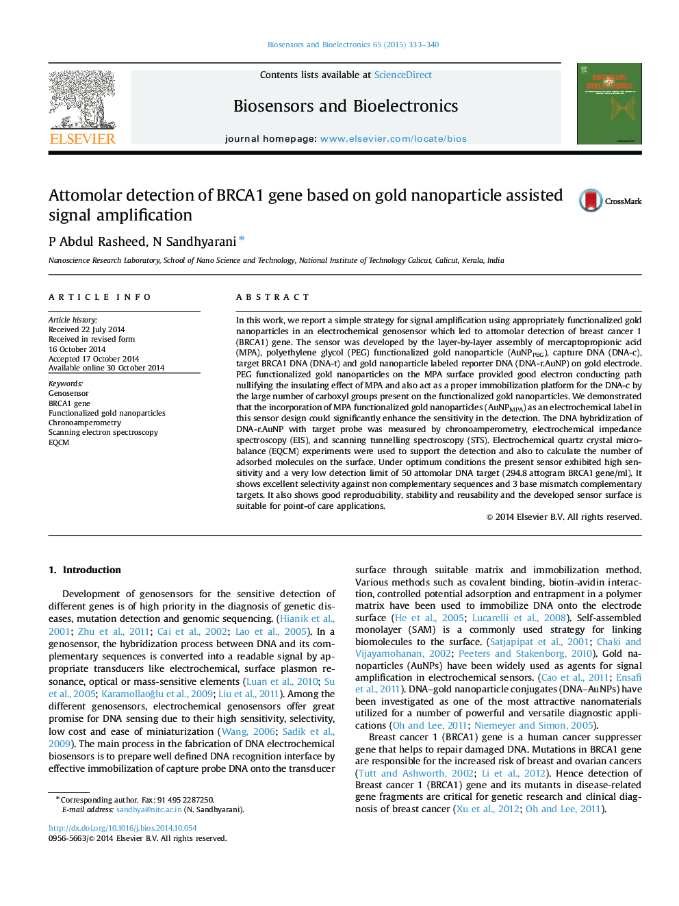 Attomolar detection of BRCA1 gene based on gold nanoparticle assisted signal amplification