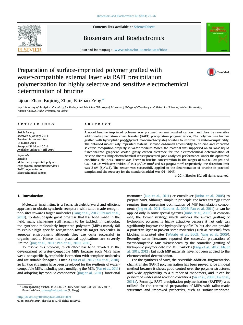 Preparation of surface-imprinted polymer grafted with water-compatible external layer via RAFT precipitation polymerization for highly selective and sensitive electrochemical determination of brucine