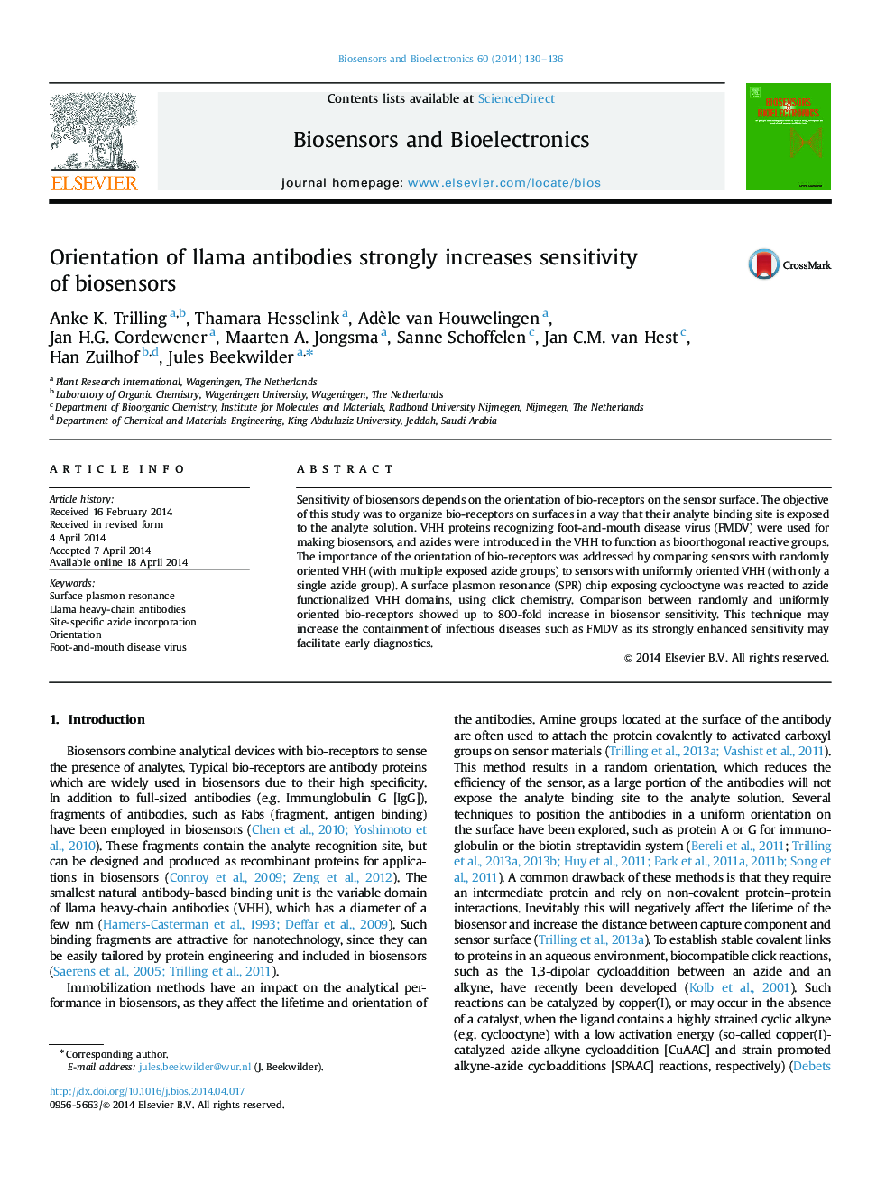 Orientation of llama antibodies strongly increases sensitivity of biosensors