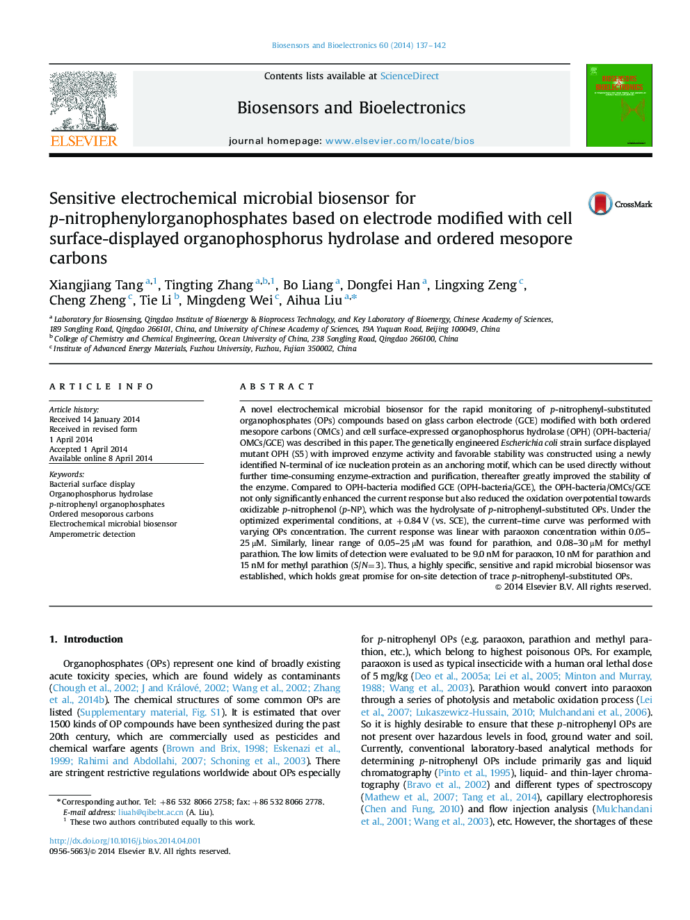 Sensitive electrochemical microbial biosensor for p-nitrophenylorganophosphates based on electrode modified with cell surface-displayed organophosphorus hydrolase and ordered mesopore carbons