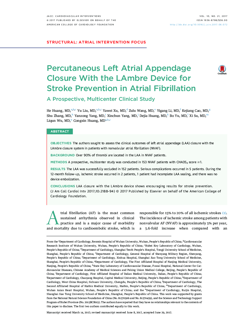 Percutaneous Left Atrial Appendage Closure With the LAmbre Device for StrokeÂ Prevention in Atrial Fibrillation