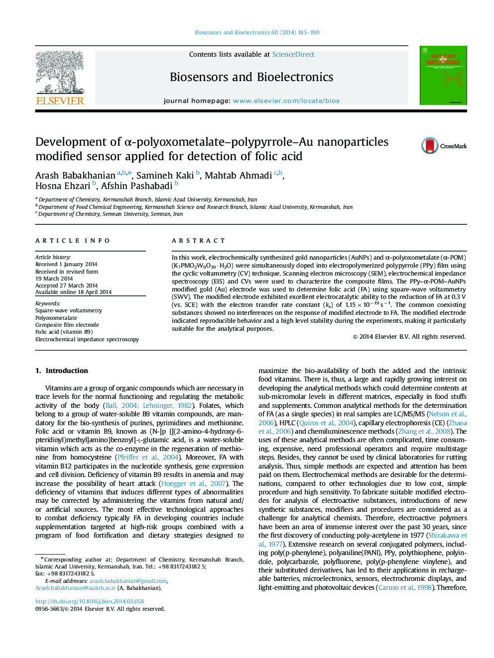 Development of α-polyoxometalate–polypyrrole–Au nanoparticles modified sensor applied for detection of folic acid