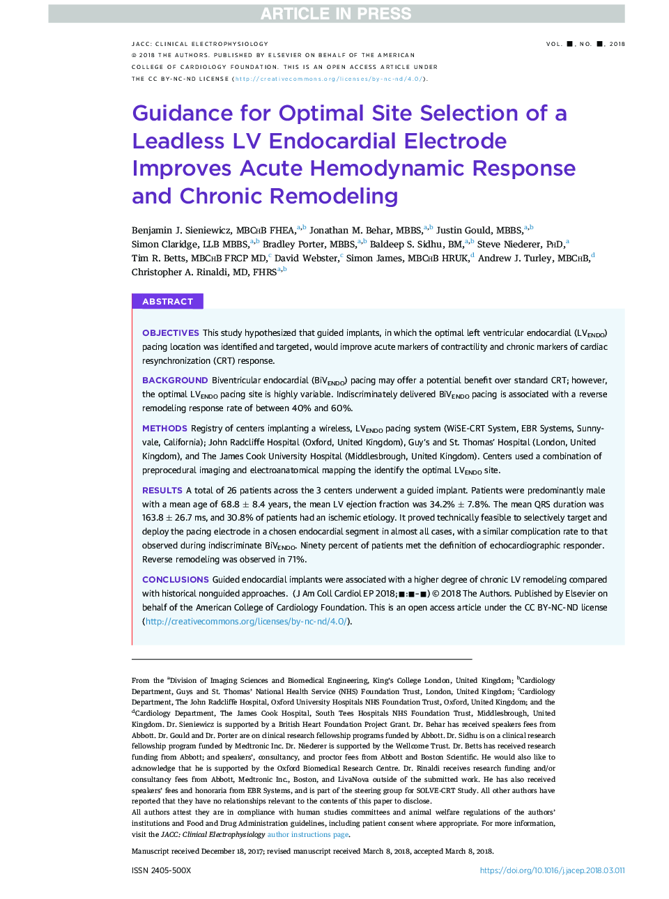Guidance for Optimal Site Selection of a Leadless Left Ventricular Endocardial Electrode Improves Acute Hemodynamic Response and Chronic Remodeling
