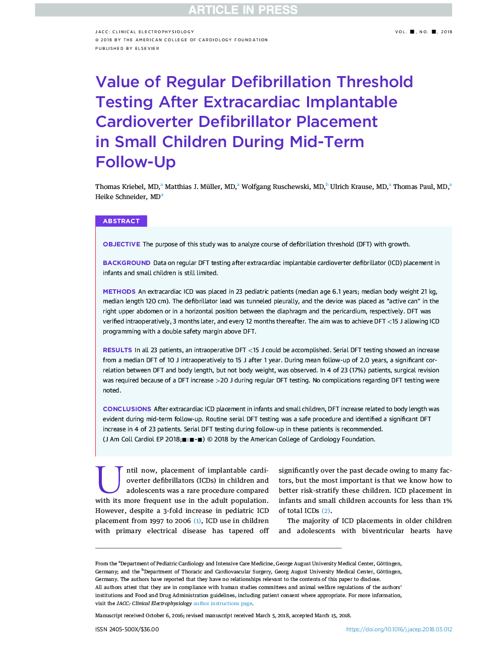 Value of Regular Defibrillation Threshold Testing After Extracardiac Implantable Cardioverter Defibrillator Placement inÂ Small Children During Mid-Term Follow-Up