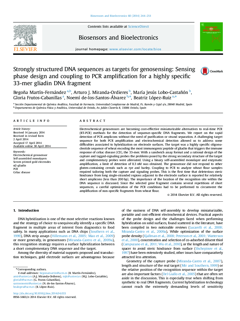 Strongly structured DNA sequences as targets for genosensing: Sensing phase design and coupling to PCR amplification for a highly specific 33-mer gliadin DNA fragment