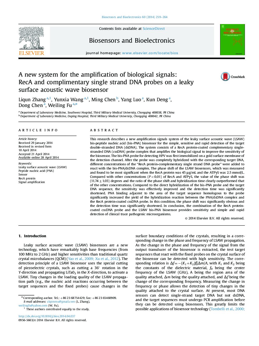 A new system for the amplification of biological signals: RecA and complimentary single strand DNA probes on a leaky surface acoustic wave biosensor