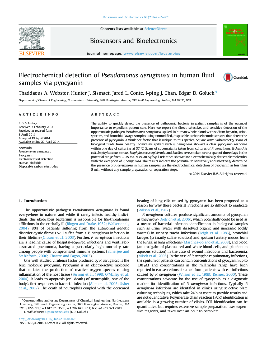 Electrochemical detection of Pseudomonas aeruginosa in human fluid samples via pyocyanin