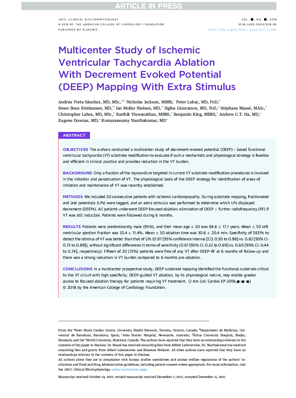 Multicenter Study of Ischemic VentricularÂ Tachycardia Ablation WithÂ Decrement-Evoked Potential (DEEP)Â Mapping With Extra Stimulus