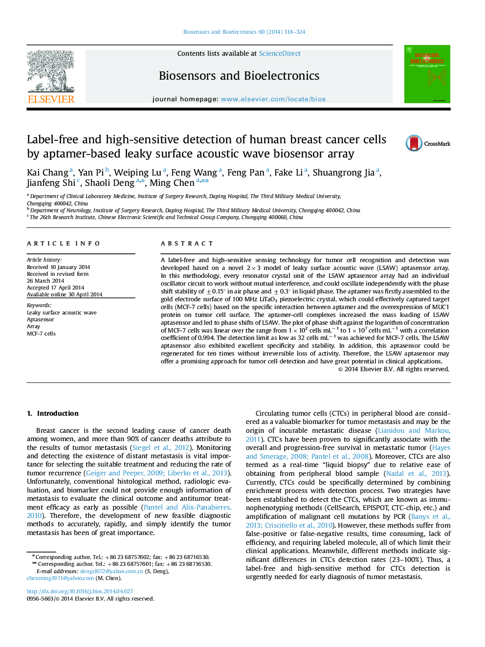 Label-free and high-sensitive detection of human breast cancer cells by aptamer-based leaky surface acoustic wave biosensor array