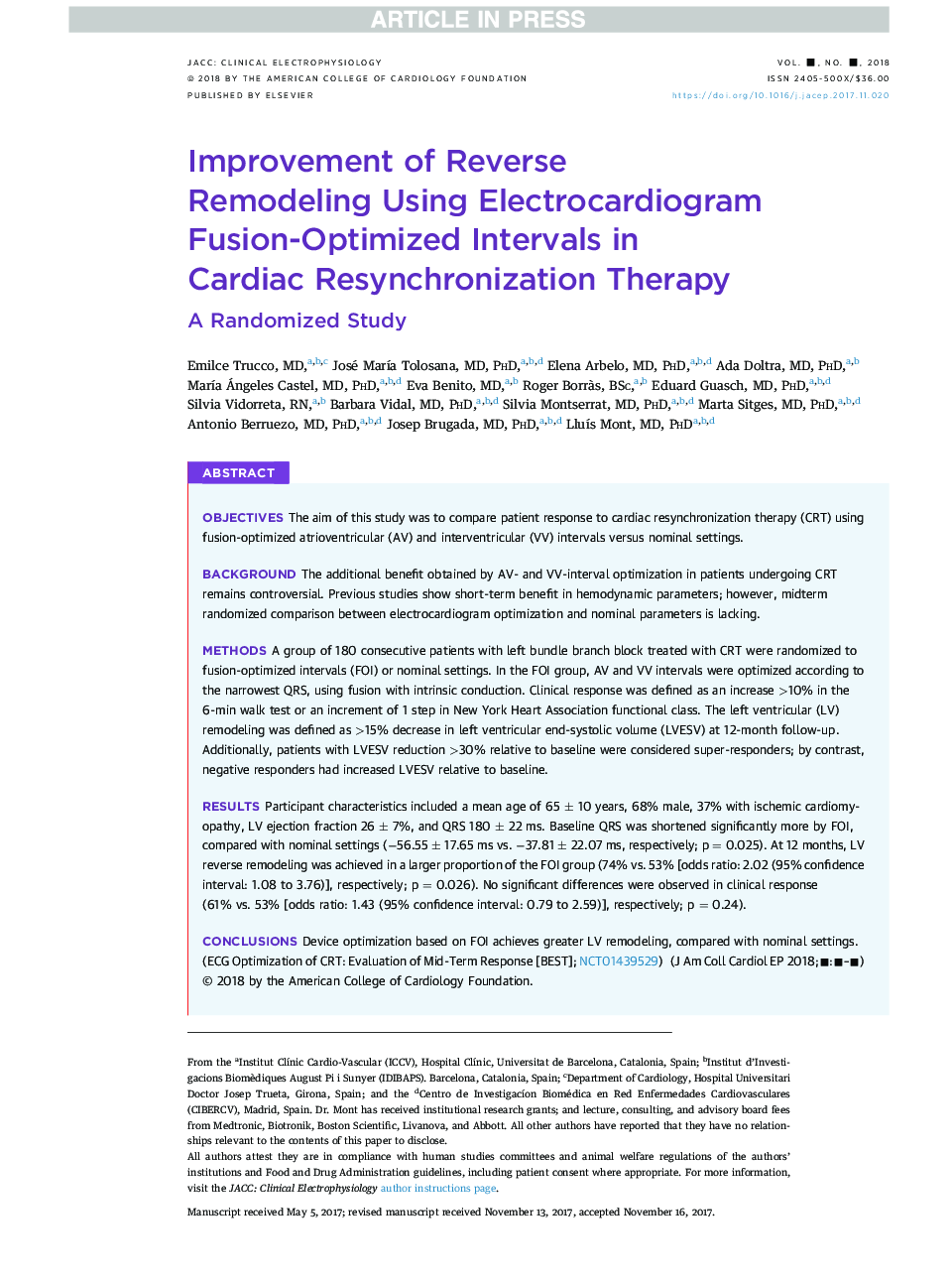 Improvement of Reverse RemodelingÂ Using Electrocardiogram Fusion-Optimized Intervals in CardiacÂ Resynchronization Therapy