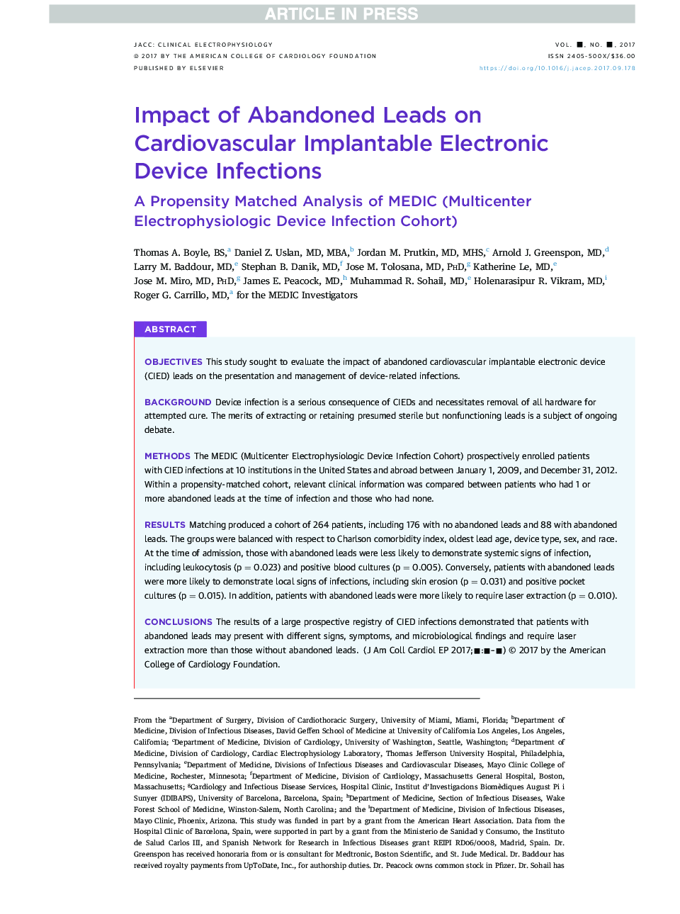 Impact of Abandoned Leads on Cardiovascular Implantable ElectronicÂ Device Infections