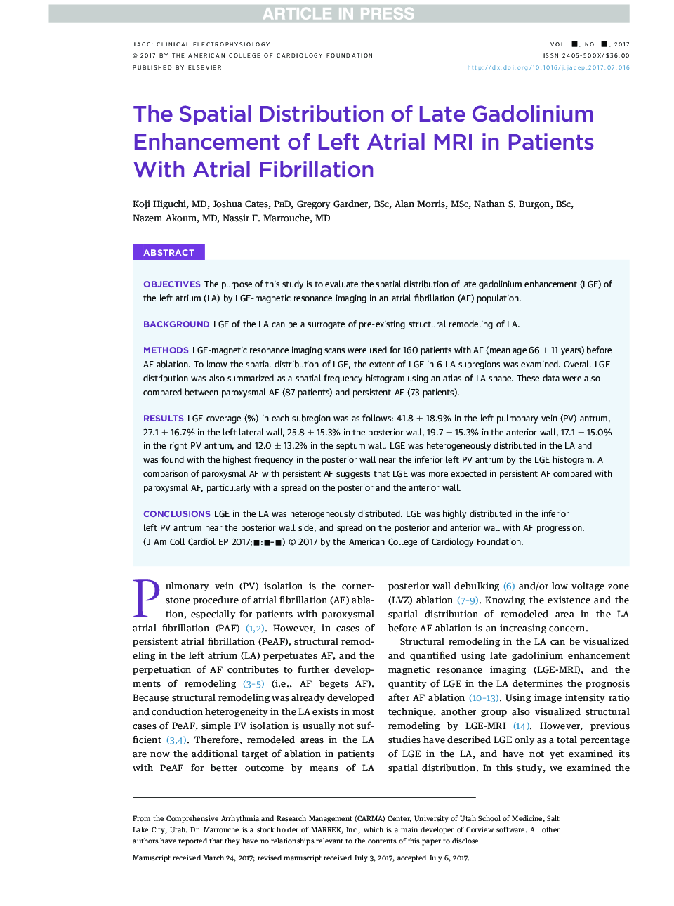 The Spatial Distribution of Late Gadolinium Enhancement of LeftÂ Atrial Magnetic Resonance Imaging inÂ Patients With Atrial Fibrillation