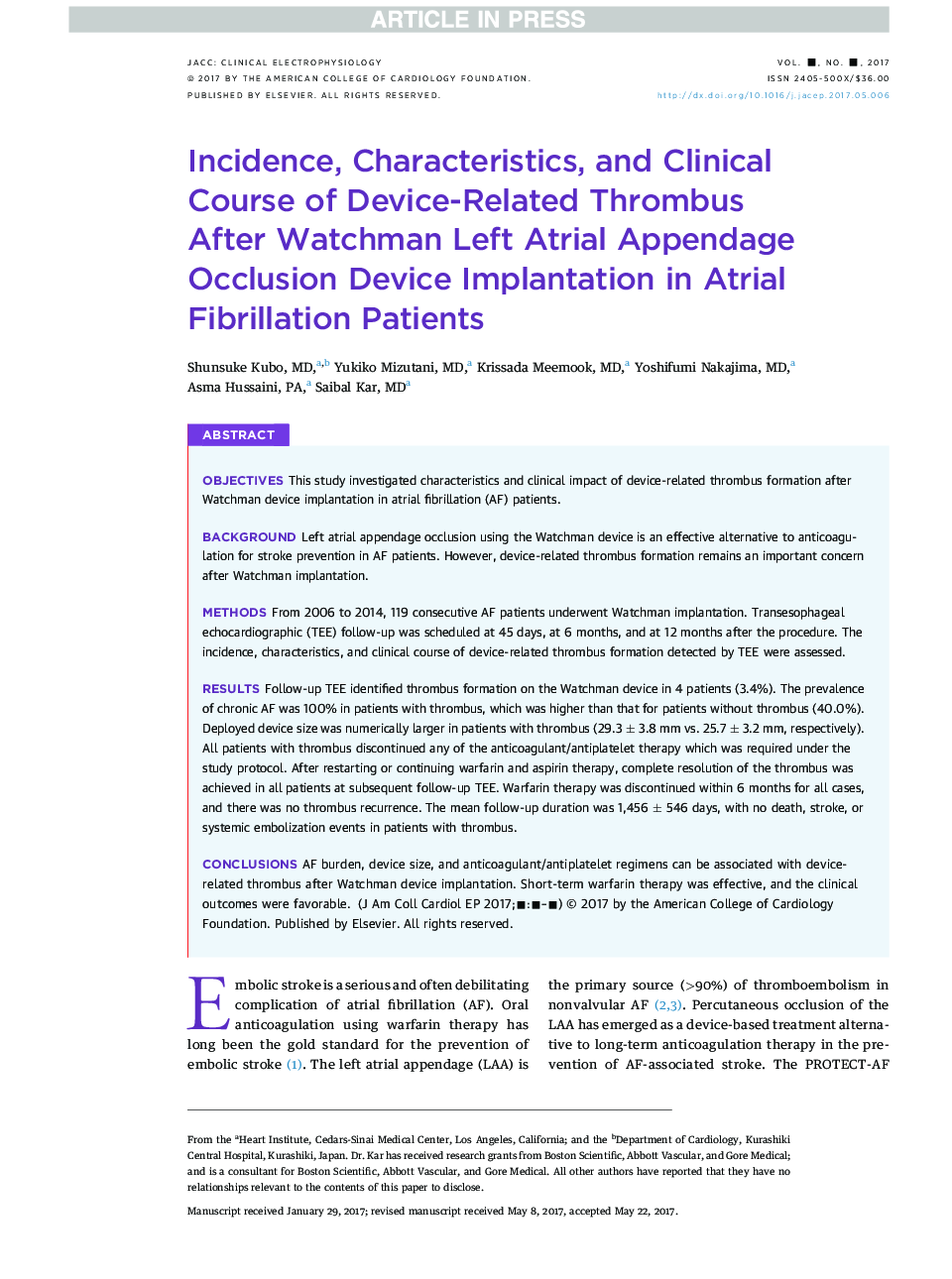 Incidence, Characteristics, and Clinical Course of Device-Related Thrombus AfterÂ Watchman Left Atrial Appendage Occlusion Device Implantation in Atrial Fibrillation Patients