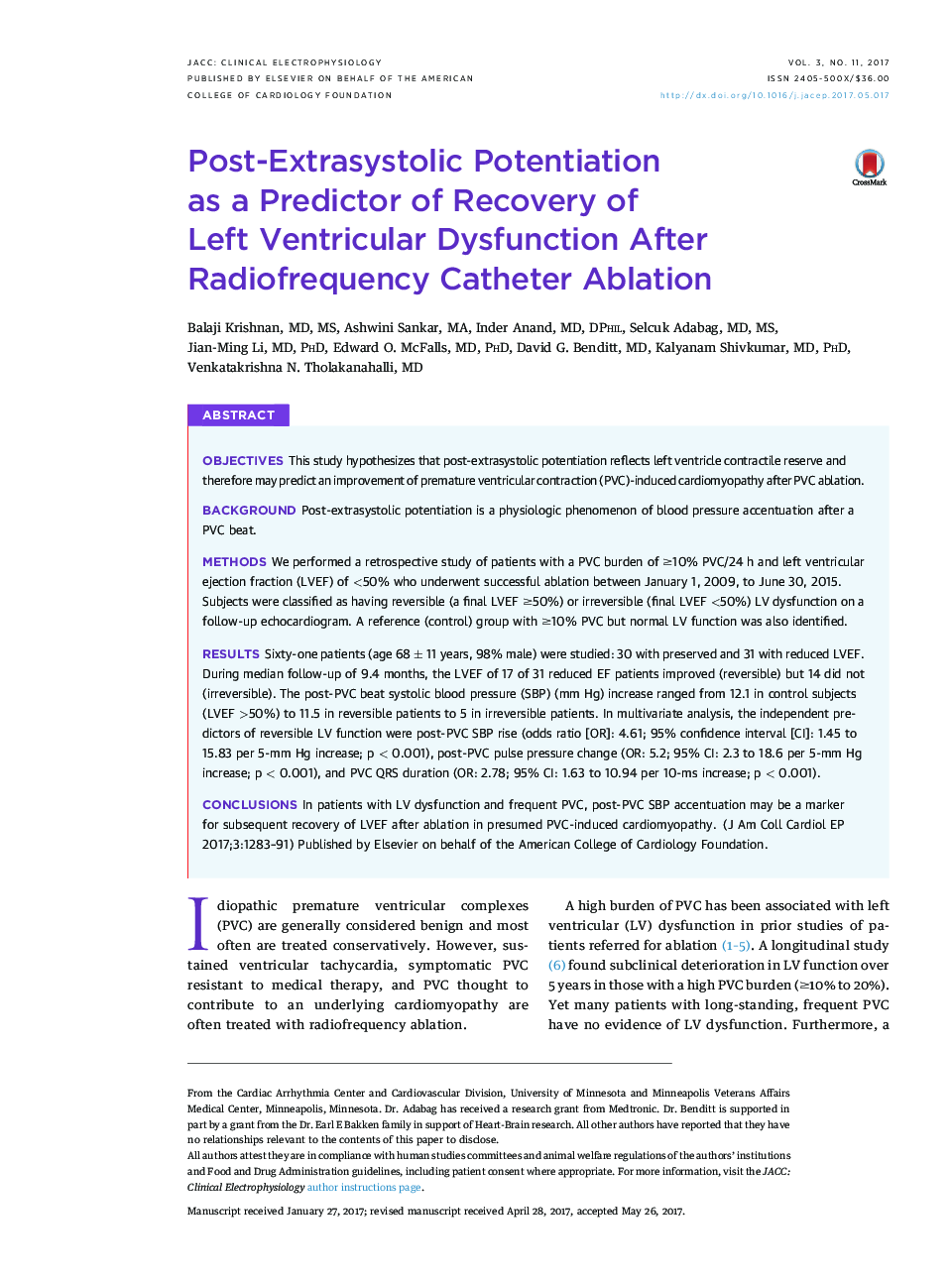 Post-Extrasystolic Potentiation asÂ aÂ Predictor of Recovery of LeftÂ VentricularÂ Dysfunction After Radiofrequency Catheter Ablation