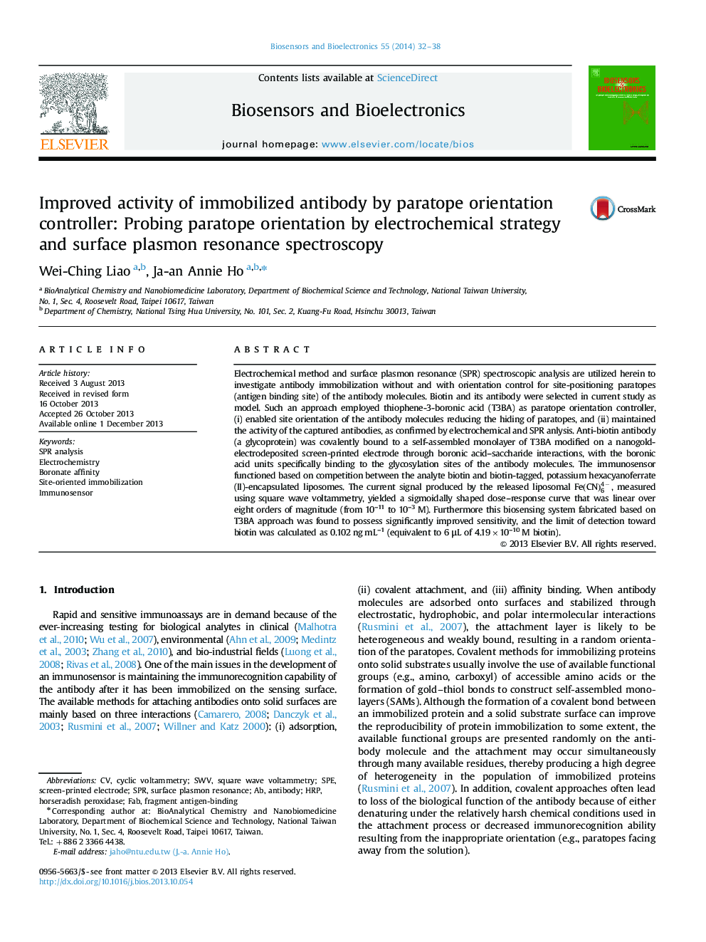 Improved activity of immobilized antibody by paratope orientation controller: Probing paratope orientation by electrochemical strategy and surface plasmon resonance spectroscopy