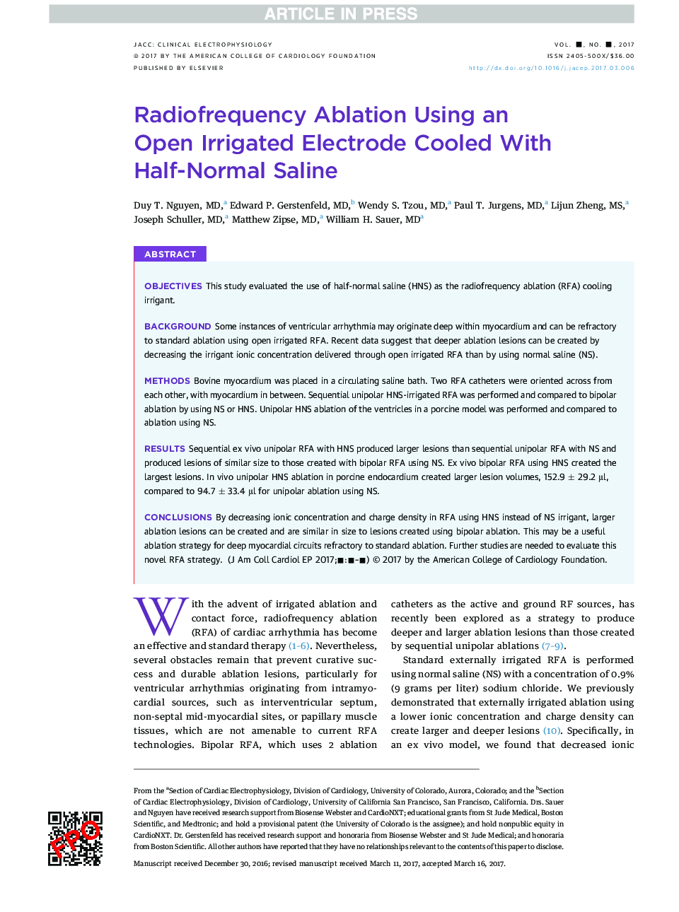 Radiofrequency Ablation Using an OpenÂ Irrigated Electrode Cooled With Half-Normal Saline