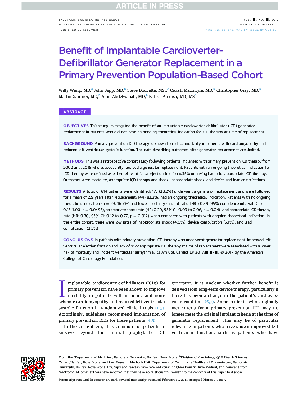 Benefit of Implantable Cardioverter-Defibrillator Generator Replacement in a Primary Prevention Population-Based Cohort