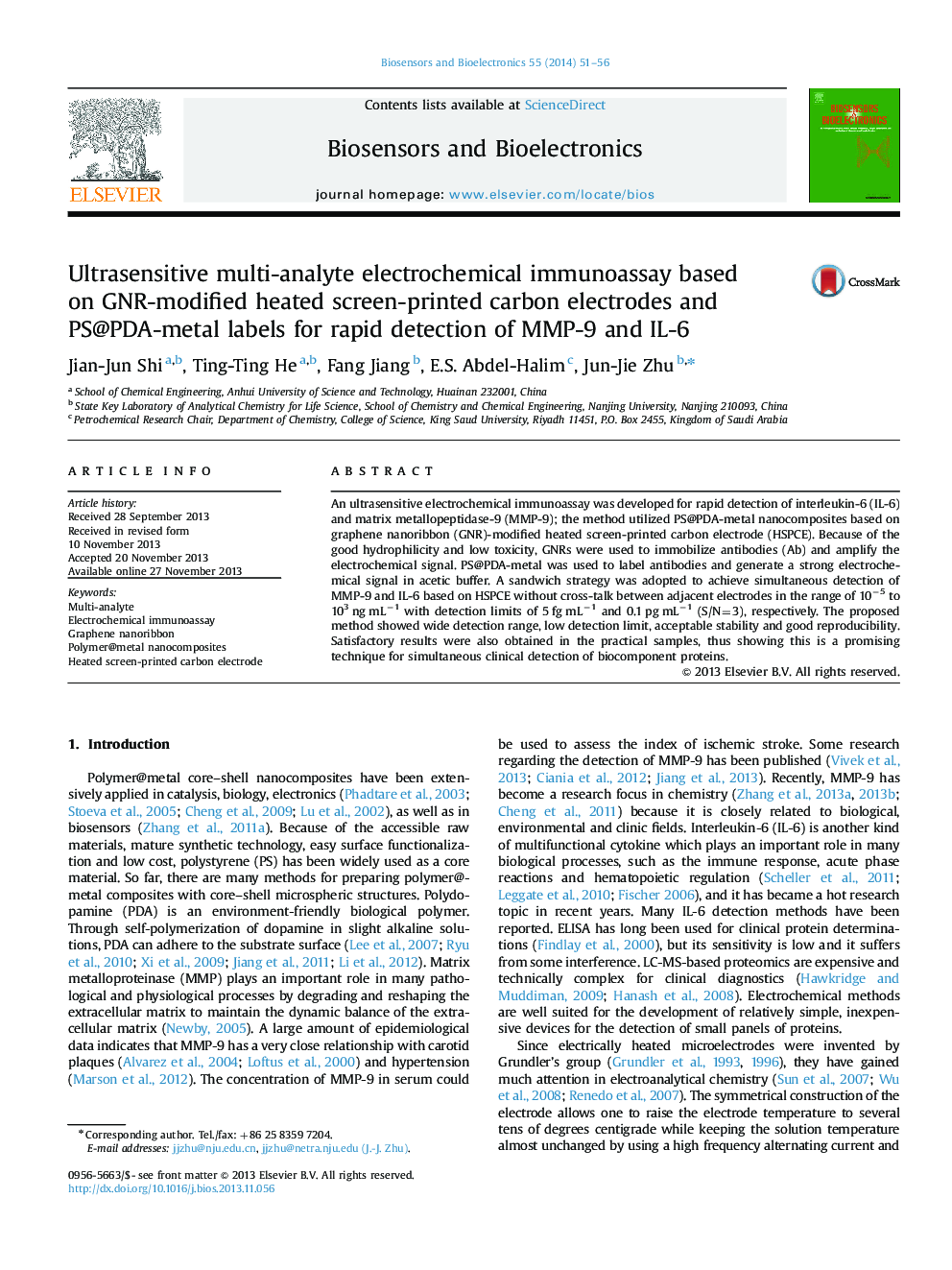 Ultrasensitive multi-analyte electrochemical immunoassay based on GNR-modified heated screen-printed carbon electrodes and PS@PDA-metal labels for rapid detection of MMP-9 and IL-6