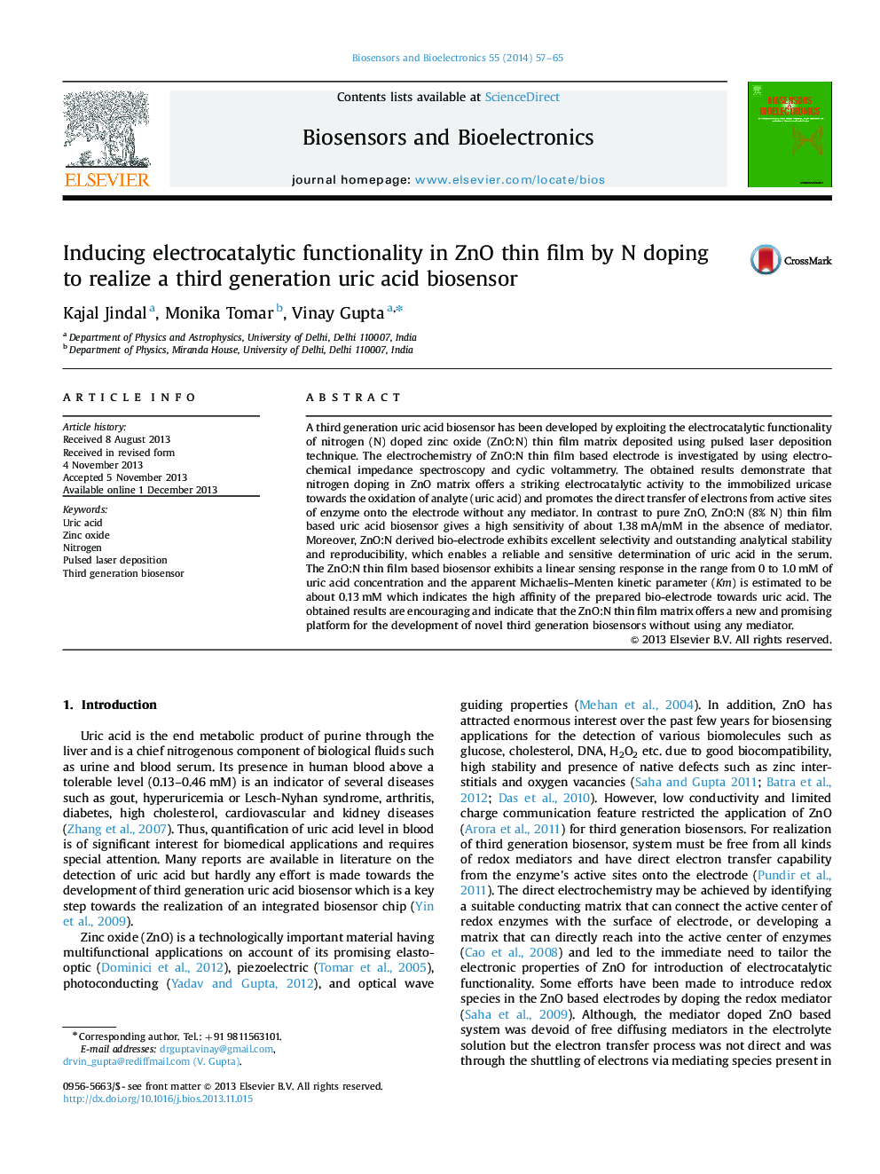 Inducing electrocatalytic functionality in ZnO thin film by N doping to realize a third generation uric acid biosensor