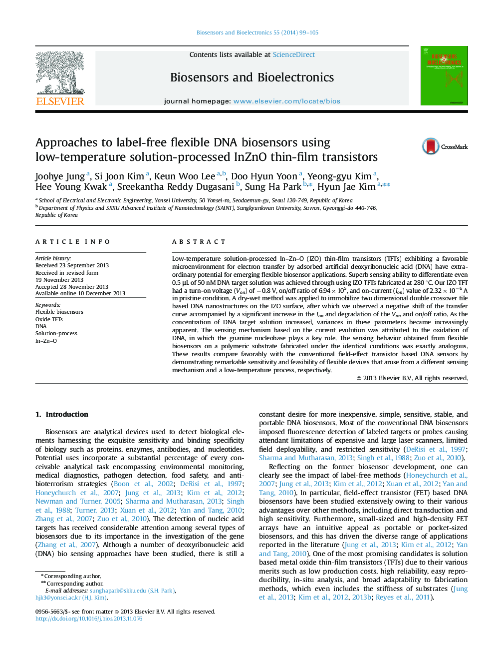 عکس صفحه اول مقاله: Approaches to label-free flexible DNA biosensors using low-temperature solution-processed InZnO thin-film transistors Approaches to label-free flexible DNA biosensors using low-temperature solution-processed InZnO thin-film transistors