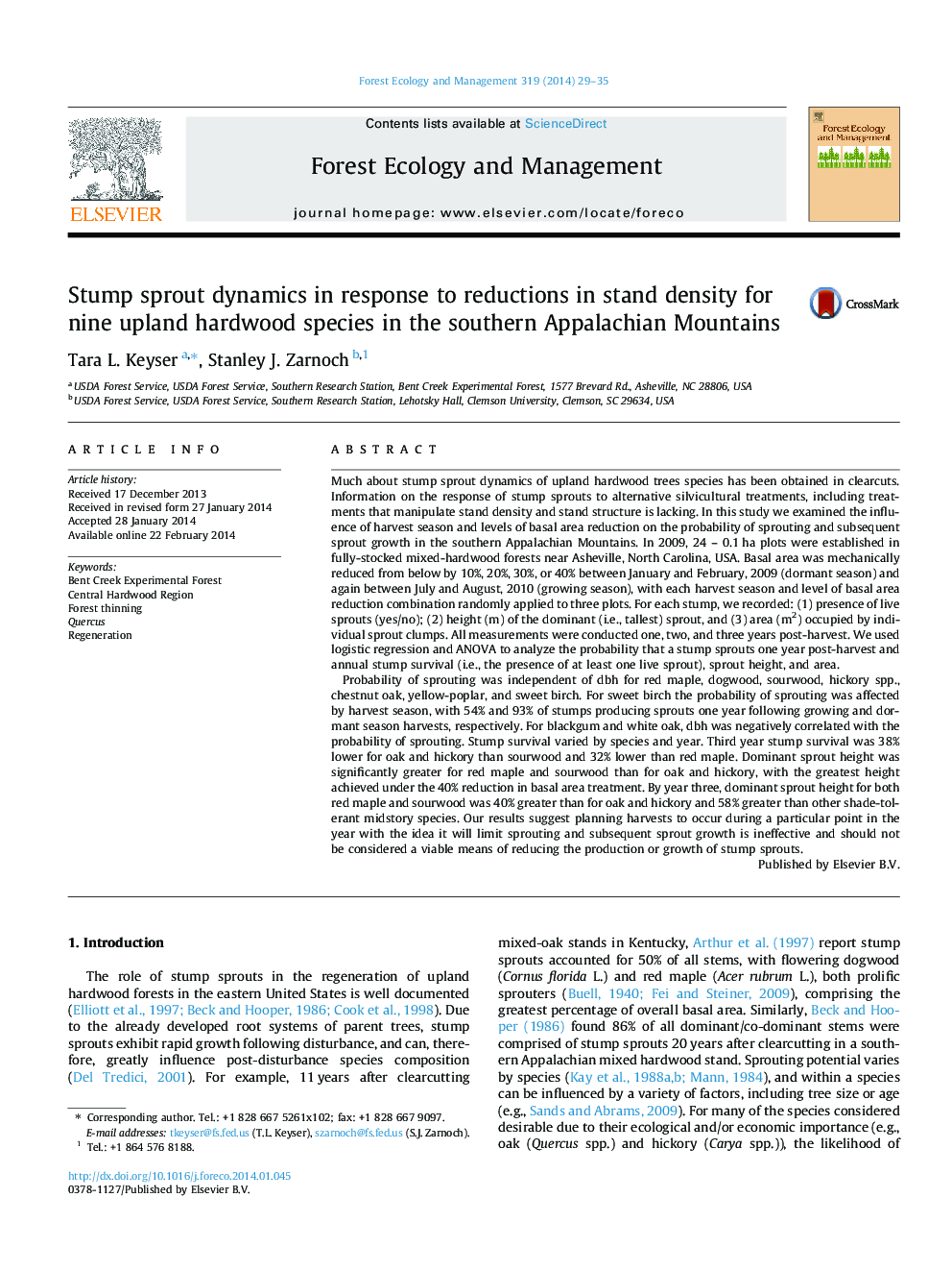 Stump sprout dynamics in response to reductions in stand density for nine upland hardwood species in the southern Appalachian Mountains