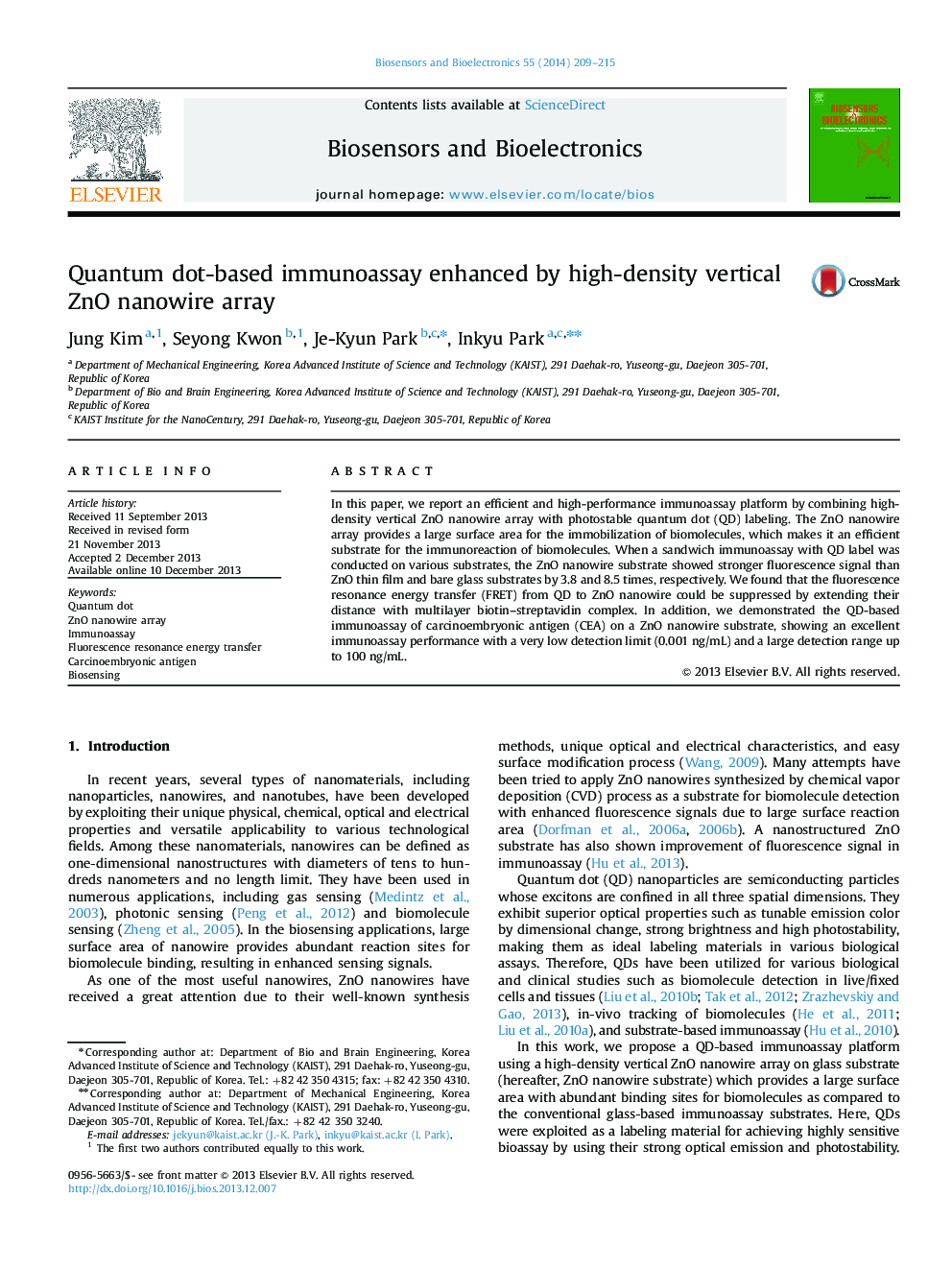 Quantum dot-based immunoassay enhanced by high-density vertical ZnO nanowire array