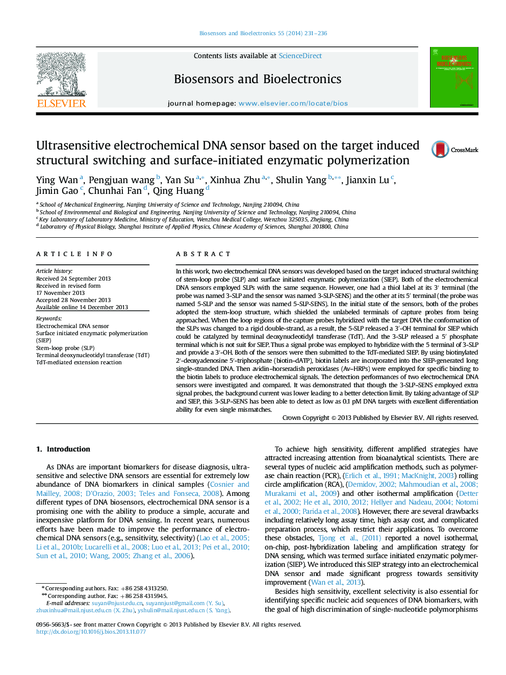 Ultrasensitive electrochemical DNA sensor based on the target induced structural switching and surface-initiated enzymatic polymerization