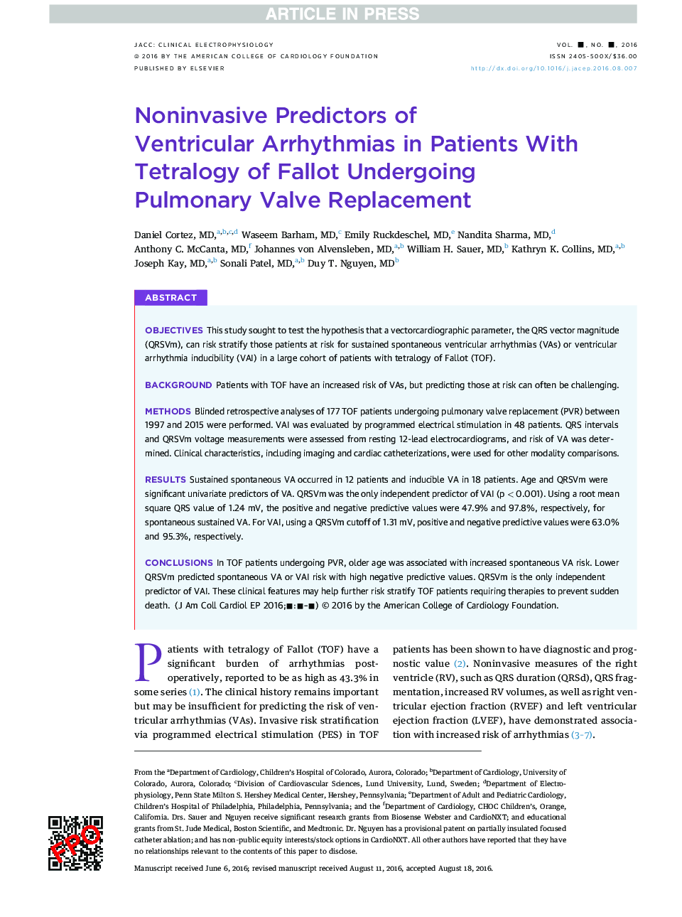 Noninvasive Predictors of VentricularÂ Arrhythmias in Patients With Tetralogy ofÂ Fallot Undergoing PulmonaryÂ ValveÂ Replacement