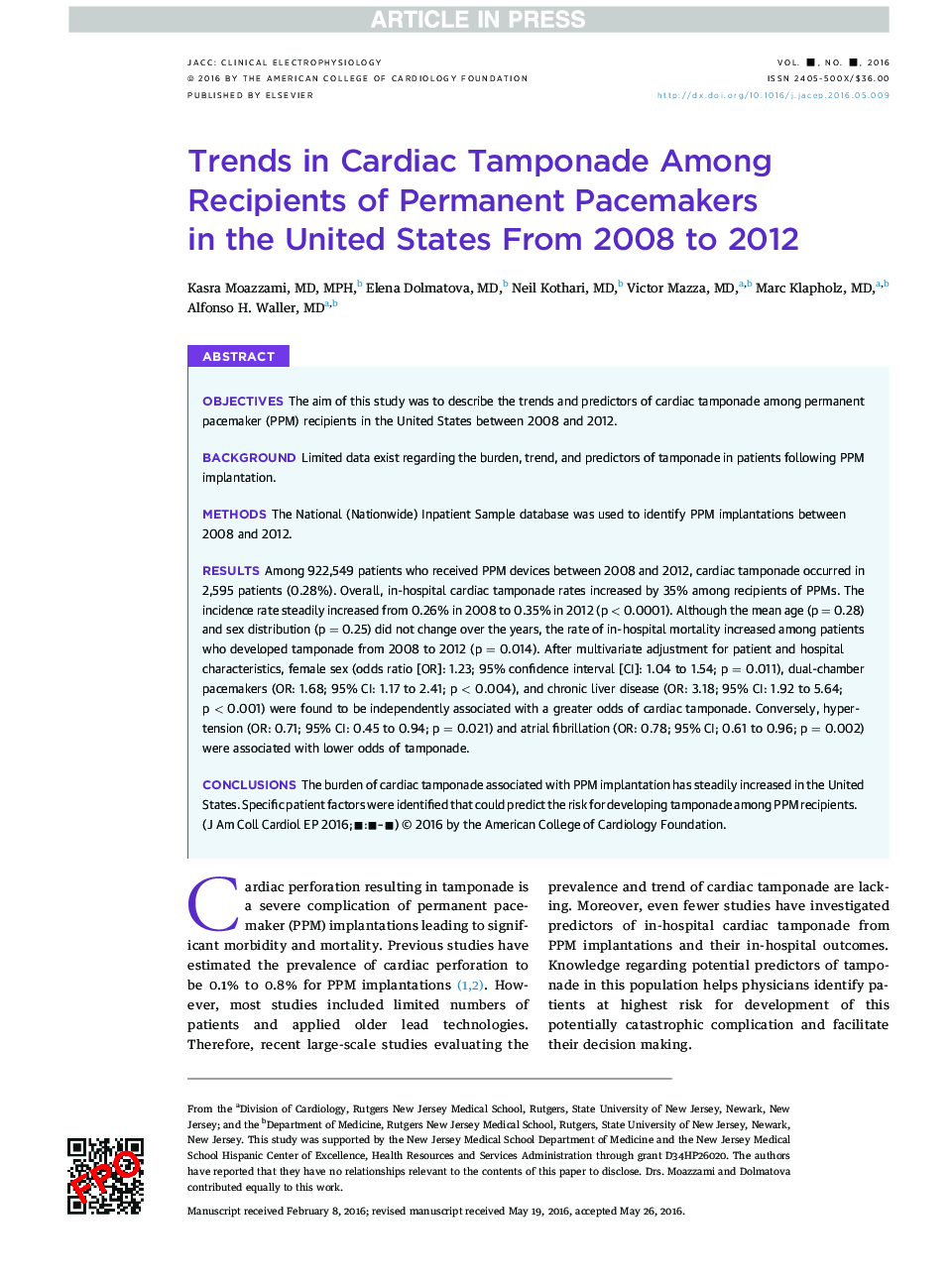 Trends in Cardiac Tamponade Among Recipients of Permanent Pacemakers inÂ the United States: From 2008 to 2012