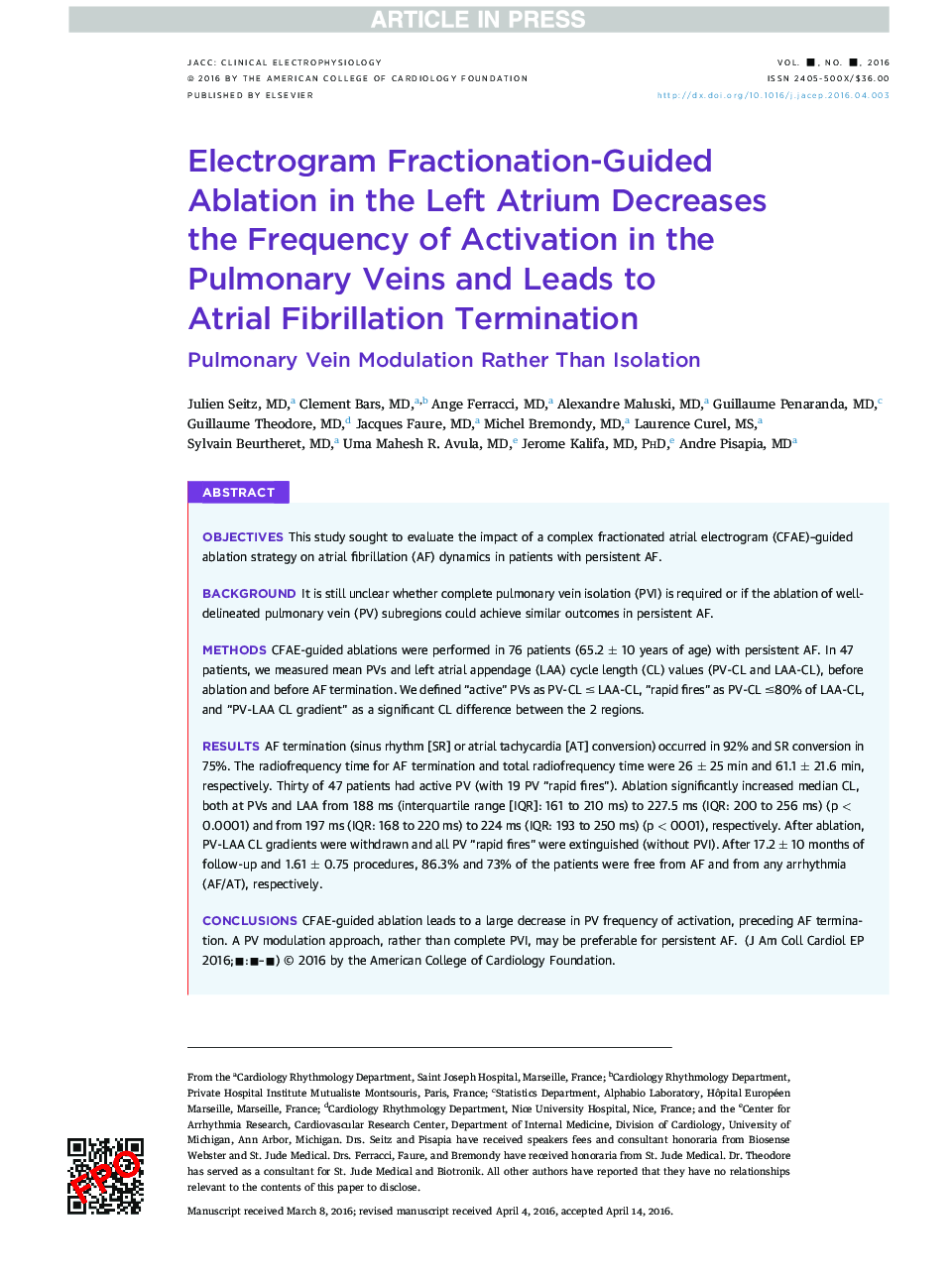 Electrogram Fractionation-Guided Ablation in the Left Atrium Decreases theÂ Frequency of Activation in the Pulmonary Veins and Leads to AtrialÂ Fibrillation Termination