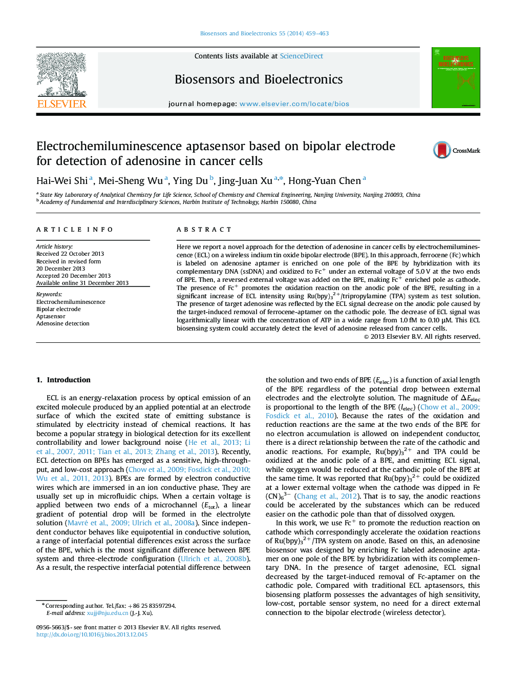 Electrochemiluminescence aptasensor based on bipolar electrode for detection of adenosine in cancer cells