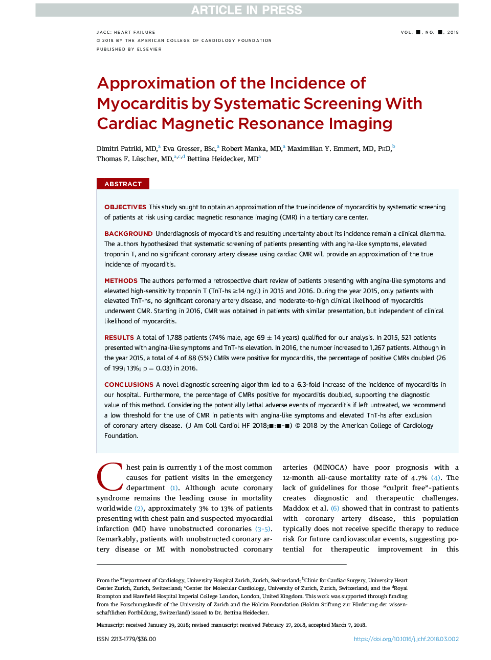 Approximation of the Incidence of Myocarditis by Systematic ScreeningÂ With Cardiac Magnetic Resonance Imaging