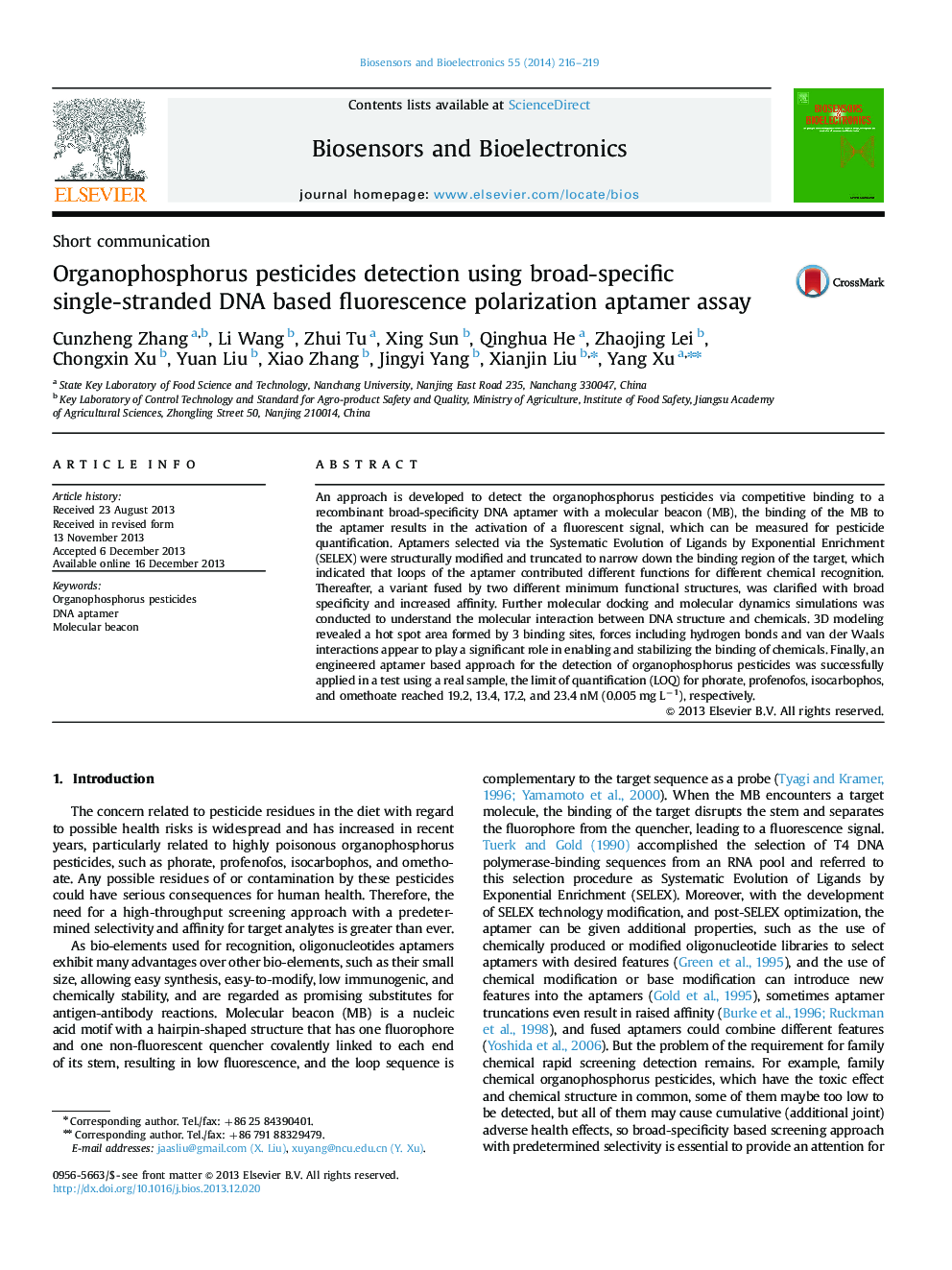 Organophosphorus pesticides detection using broad-specific single-stranded DNA based fluorescence polarization aptamer assay