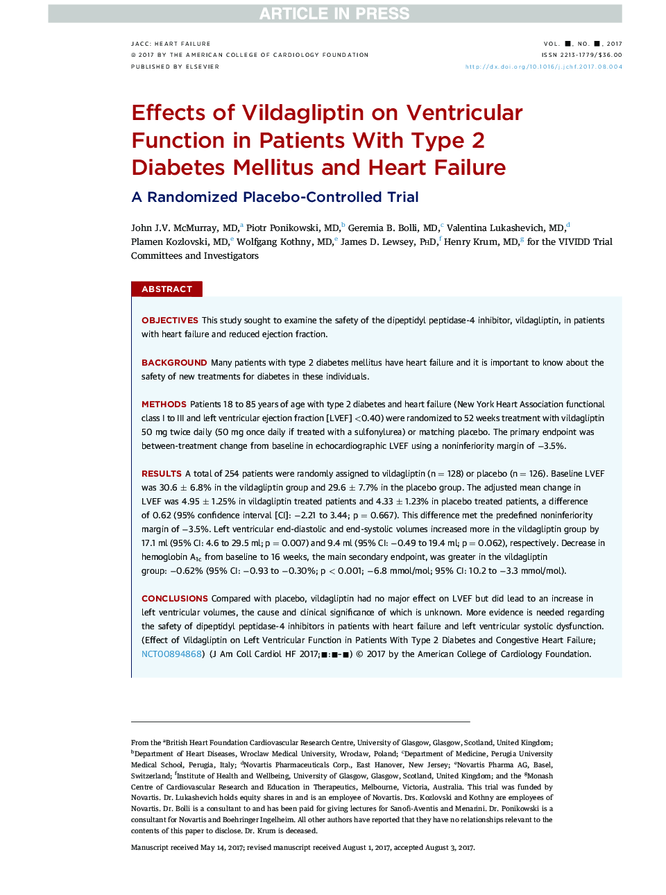 Effects of Vildagliptin on Ventricular Function in Patients With Type 2 DiabetesÂ Mellitus and Heart Failure