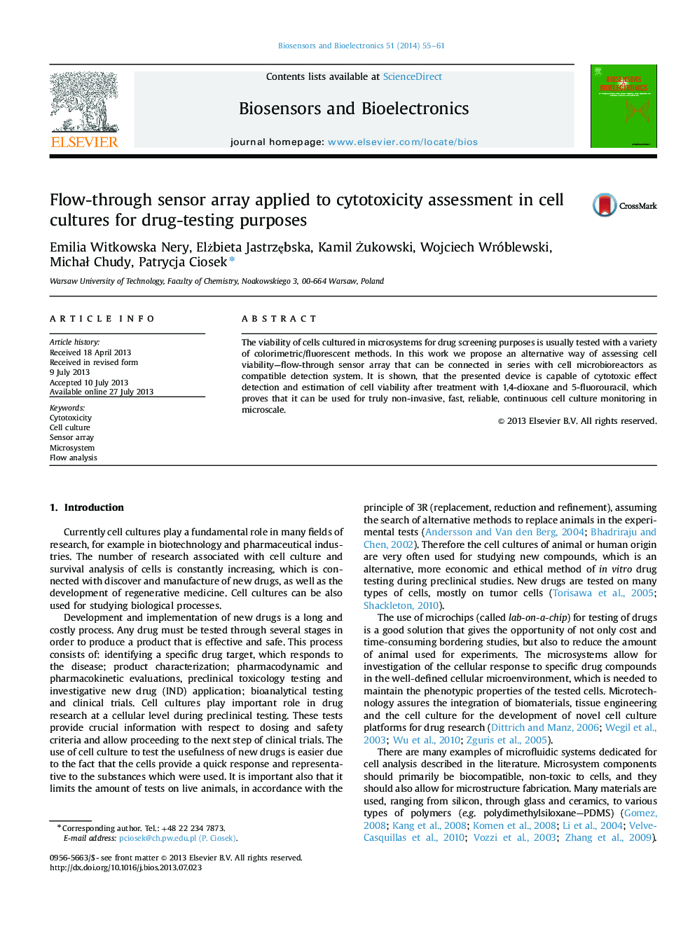 Flow-through sensor array applied to cytotoxicity assessment in cell cultures for drug-testing purposes