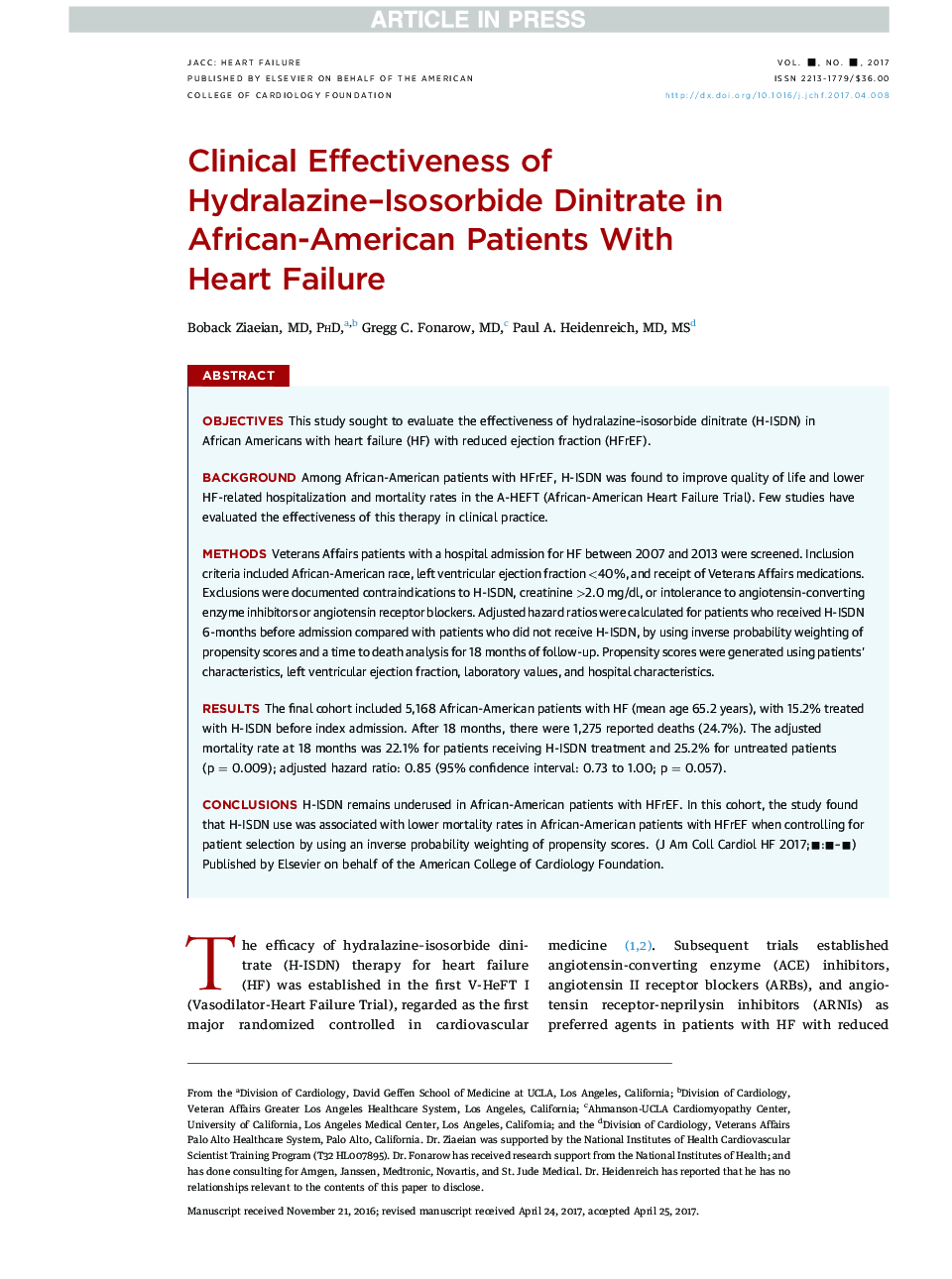 Clinical Effectiveness of Hydralazine-Isosorbide Dinitrate in African-American Patients With HeartÂ Failure