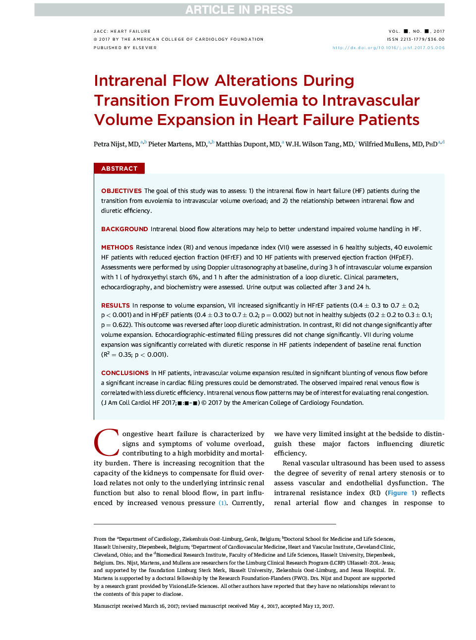 Intrarenal Flow Alterations During Transition From Euvolemia to Intravascular Volume Expansion in Heart Failure Patients