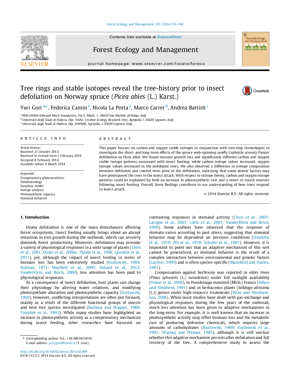 Tree rings and stable isotopes reveal the tree-history prior to insect defoliation on Norway spruce (Picea abies (L.) Karst.)