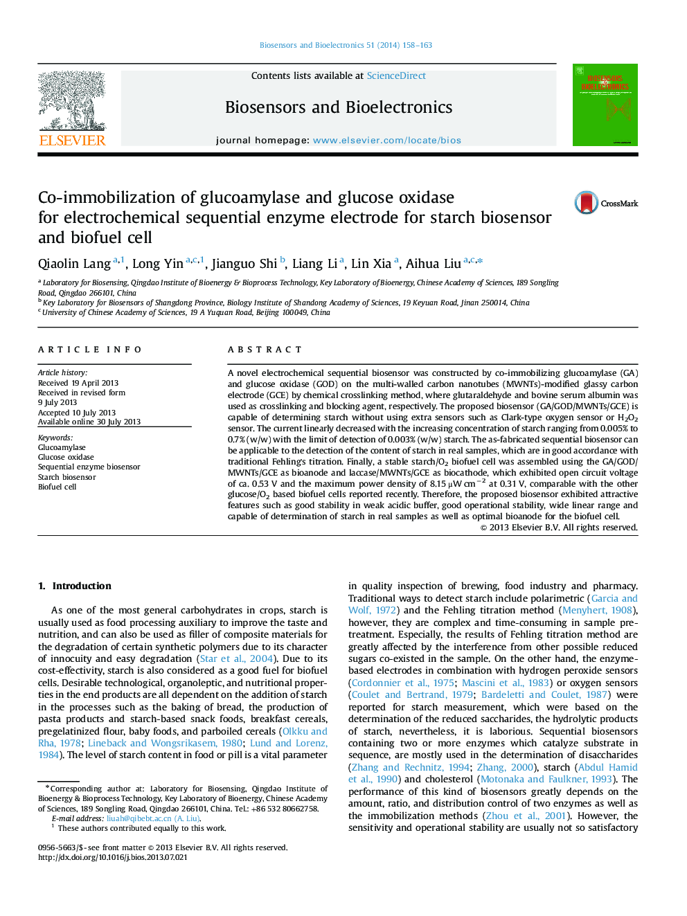 Co-immobilization of glucoamylase and glucose oxidase for electrochemical sequential enzyme electrode for starch biosensor and biofuel cell